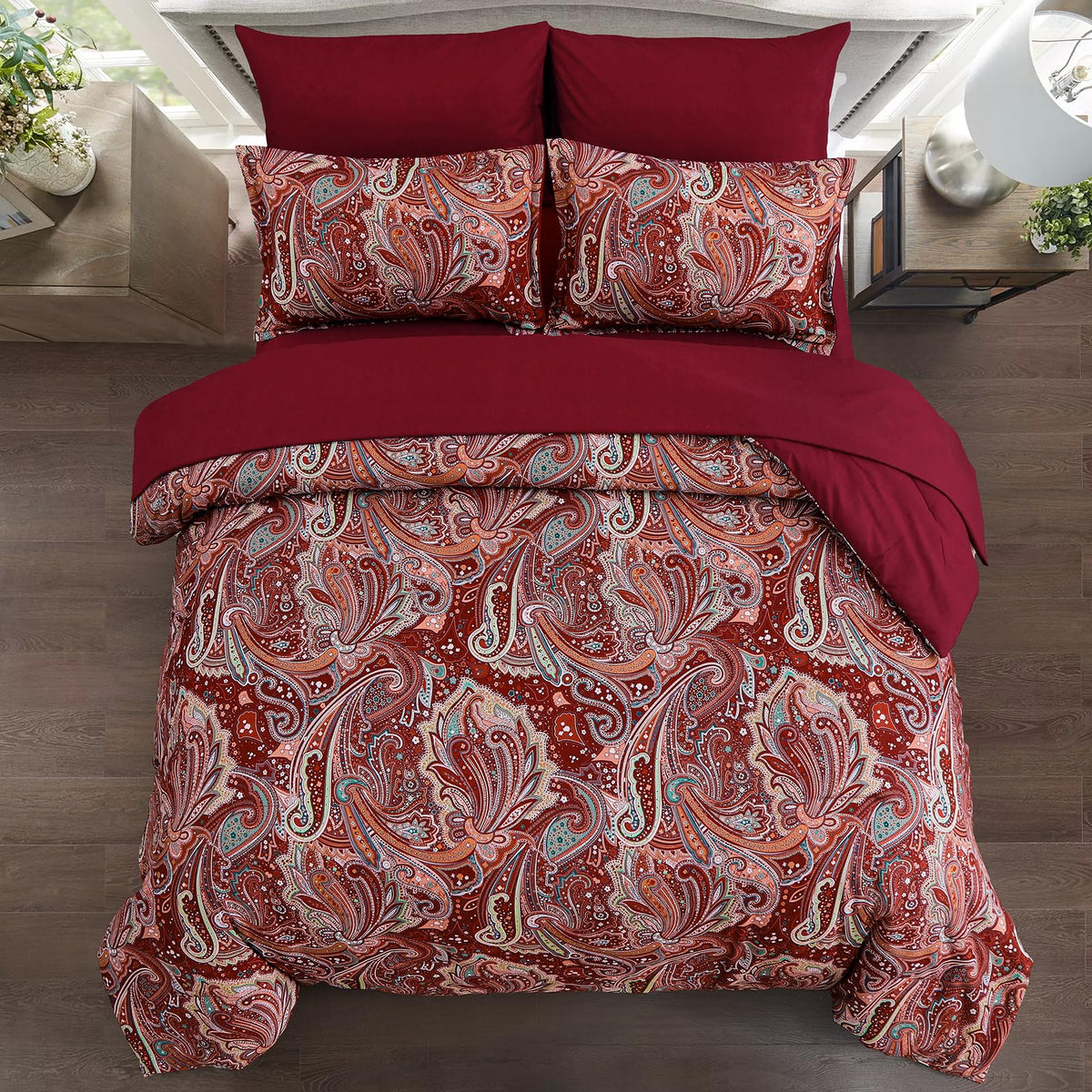 Red Paisley Comforter Set 7 Piece California King Size Bed in a Bag