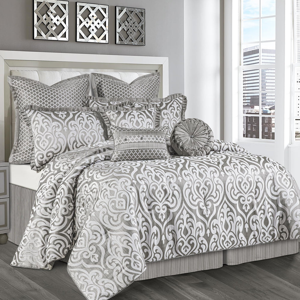 9 PCS Contemporary Jacquard Comforter Set, Silver Gray