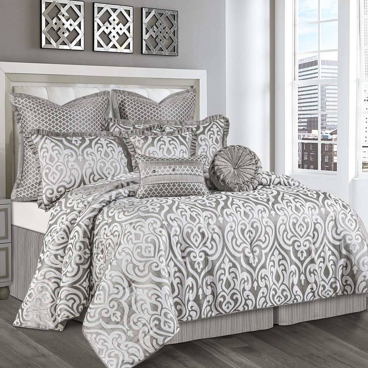 9 PCS Contemporary Jacquard Comforter Set, Silver Gray