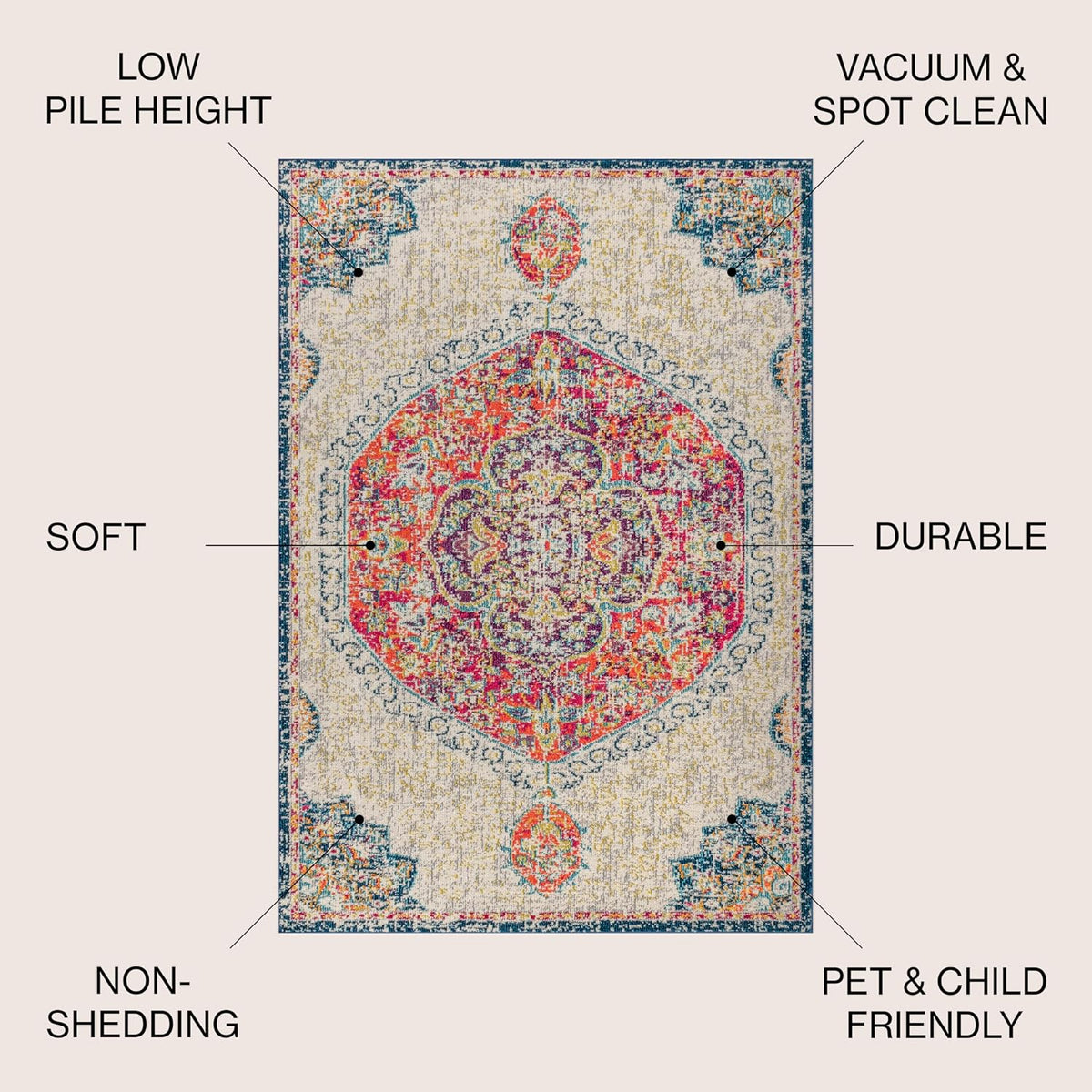 Boho Vintage Cream/Orange Indoor Area Rug, Bohemian Flair Traditional Medallion, Easy-Cleaning, Pet Friendly
