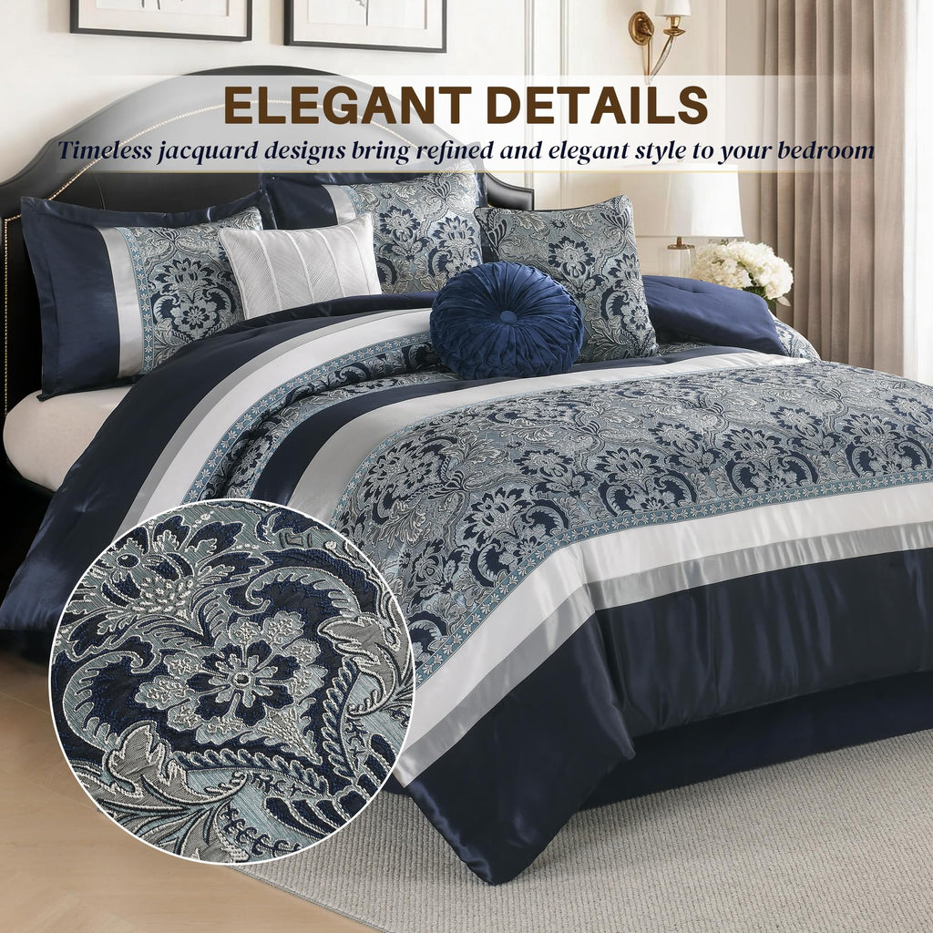 Luxury Comforter Set Damask Jacquard Navy Blue 7 Piece