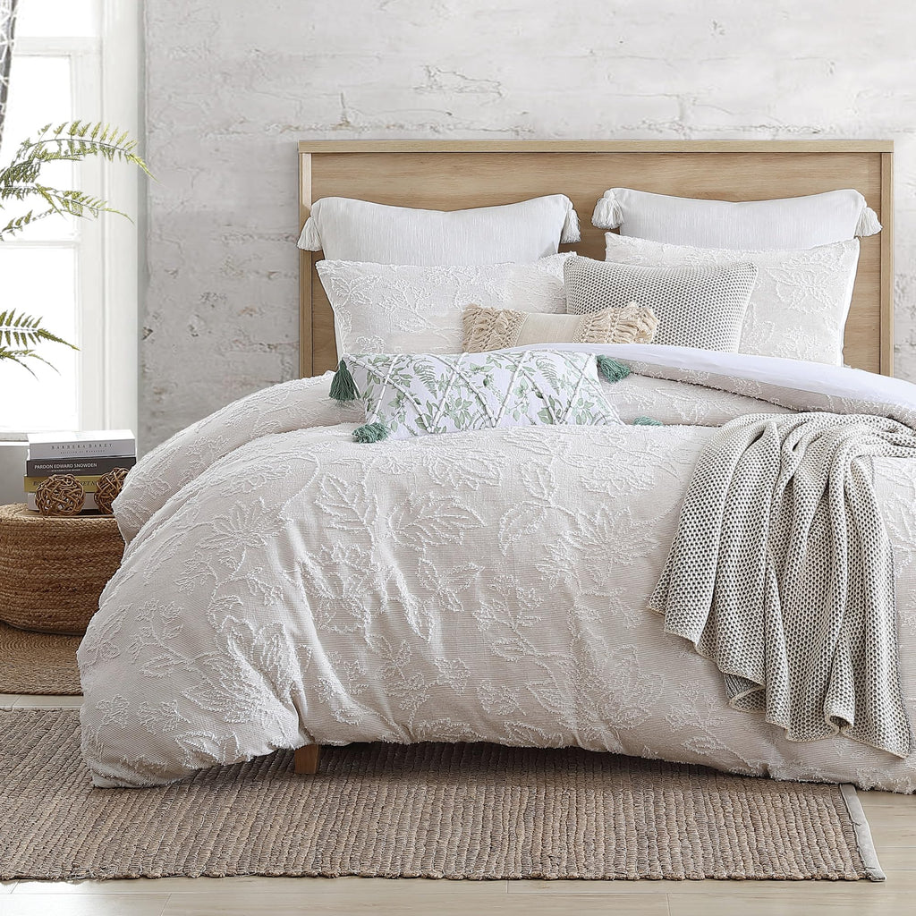 Folky Floral Jacquard Duvet Cover Sham Set Beige 3-Pc