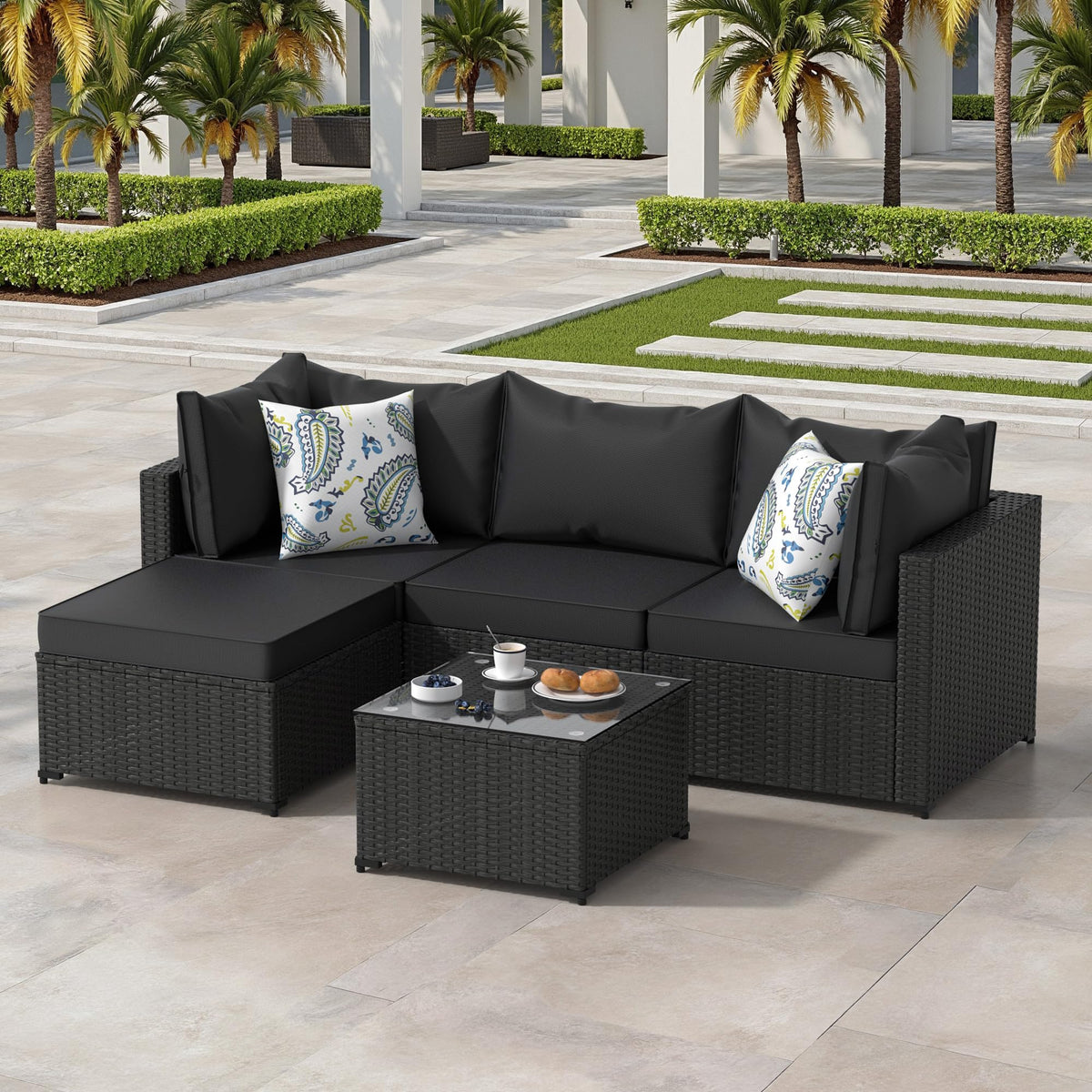 Set, 5PCS Outdoor Sectional w/ Ottoman & Cushion, Black