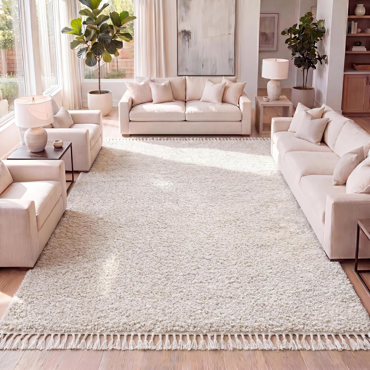 Plush Cream Shag Area Rug with Tassels, Contemporary Indoor Style