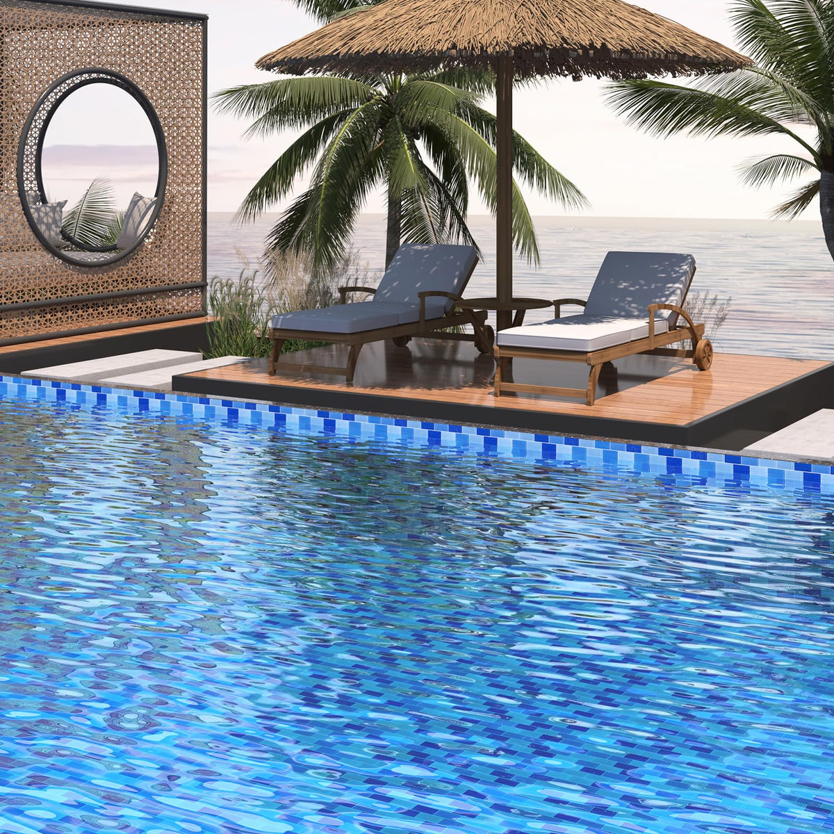 Mixed Blue Glass Subway Mosaic Tiles, Pool Tiles, 12 x12 Inch