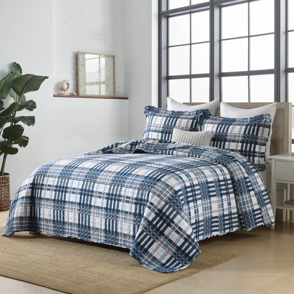 100% Cotton Blue White Red Plaid Quilt, Gingham Comforter