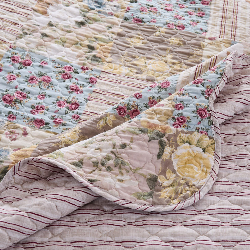 French Country Traditional Patchwork Style Cotton-Rich Quilt Set, 3-Piece, Multi