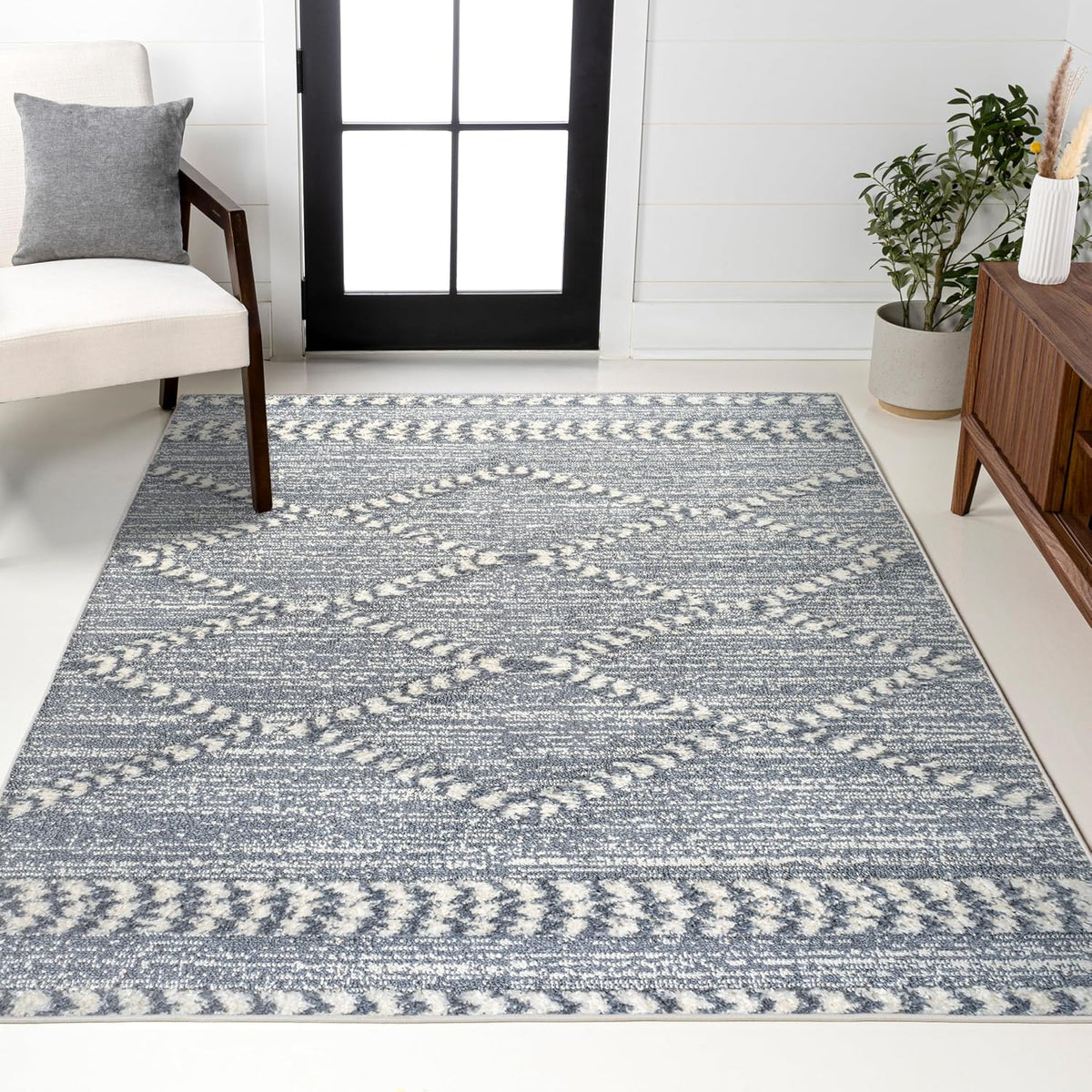Trellis High-Low Gray/Cream Indoor Area Rug, Sofie Moroccan, Easy-Cleaning, High Traffic, Pet-Friendly
