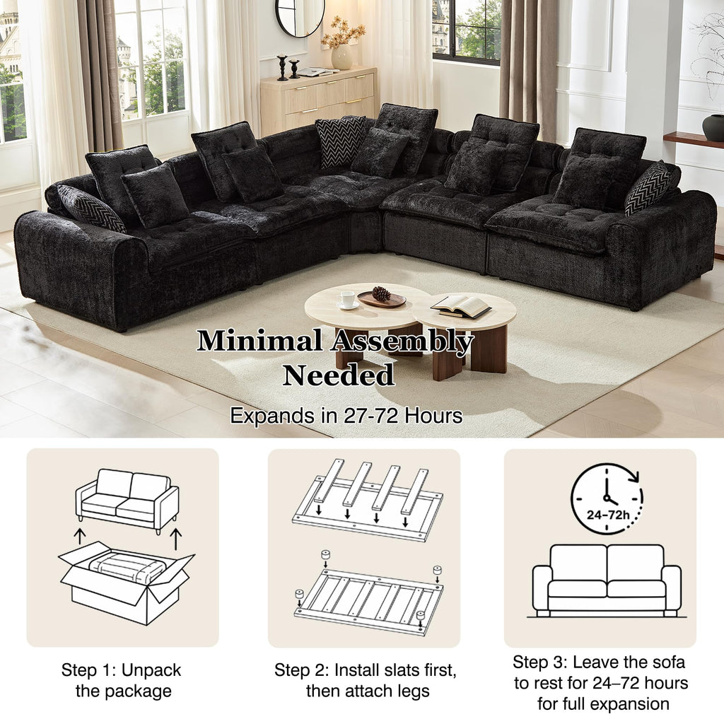 125'' Oversized Deep Seat Cloud Boneless Sectional Couch with Corner. Black
