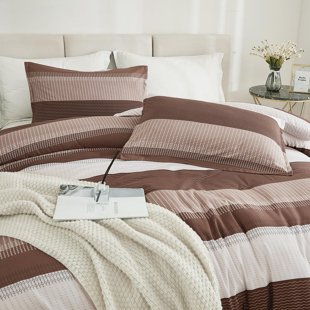 Brown Comforter Set - 3 Pieces Stripe Bed Set