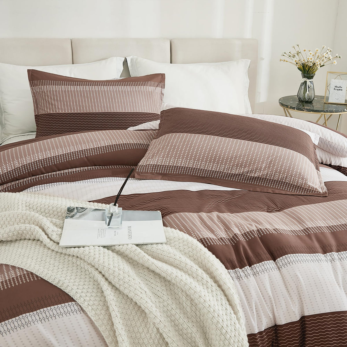 Brown Comforter Set - 3 Pieces Stripe Bed Set