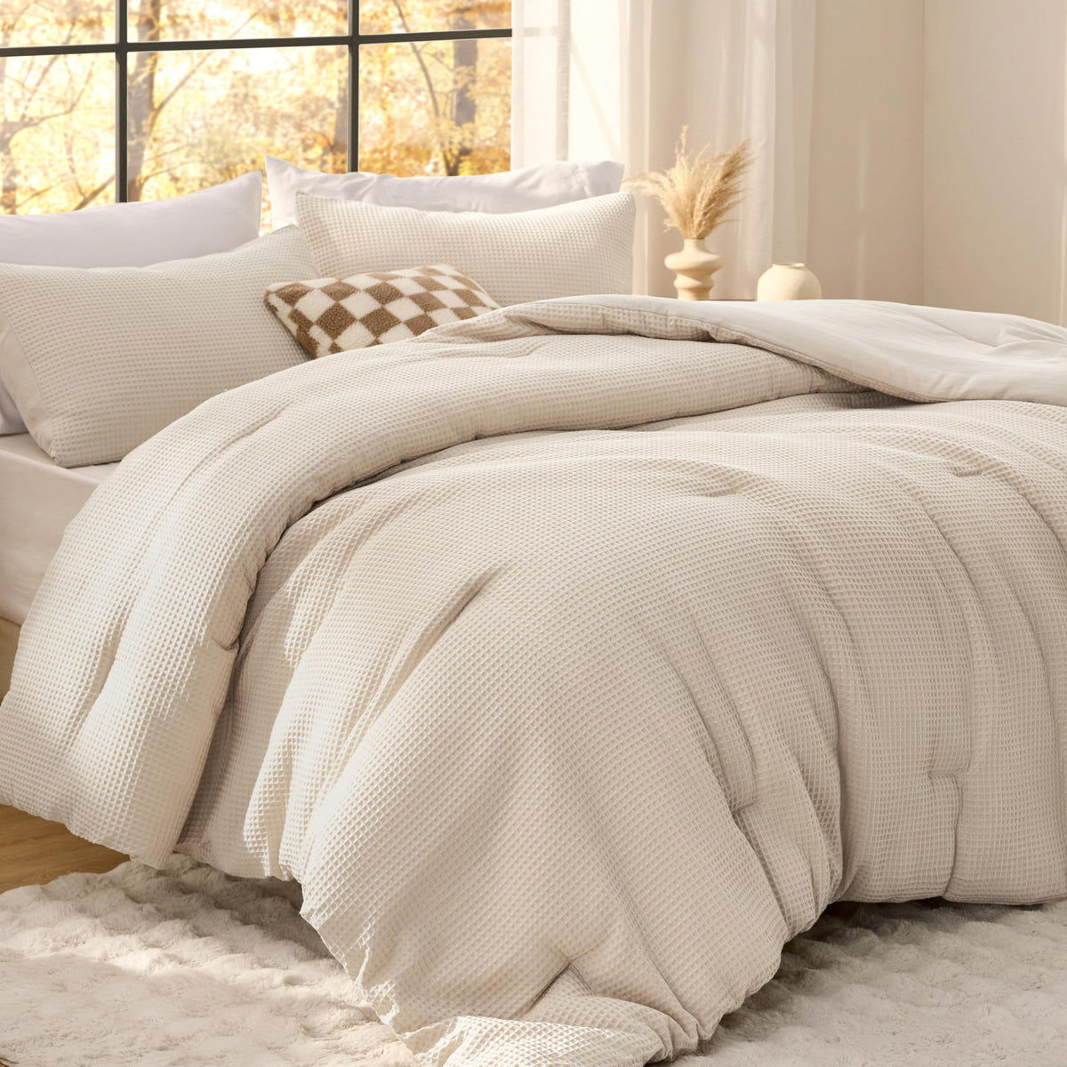 Beige Comforter Set, Waffle Ultra Soft Bedding 3 Pieces
