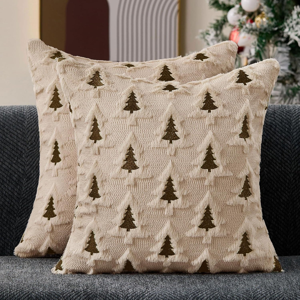 Christmas Pillow Covers 20x20 Beige Brown Xmas Tree Pillow Covers Soft Plush Faux Fur Christmas Decorations - Set of 2