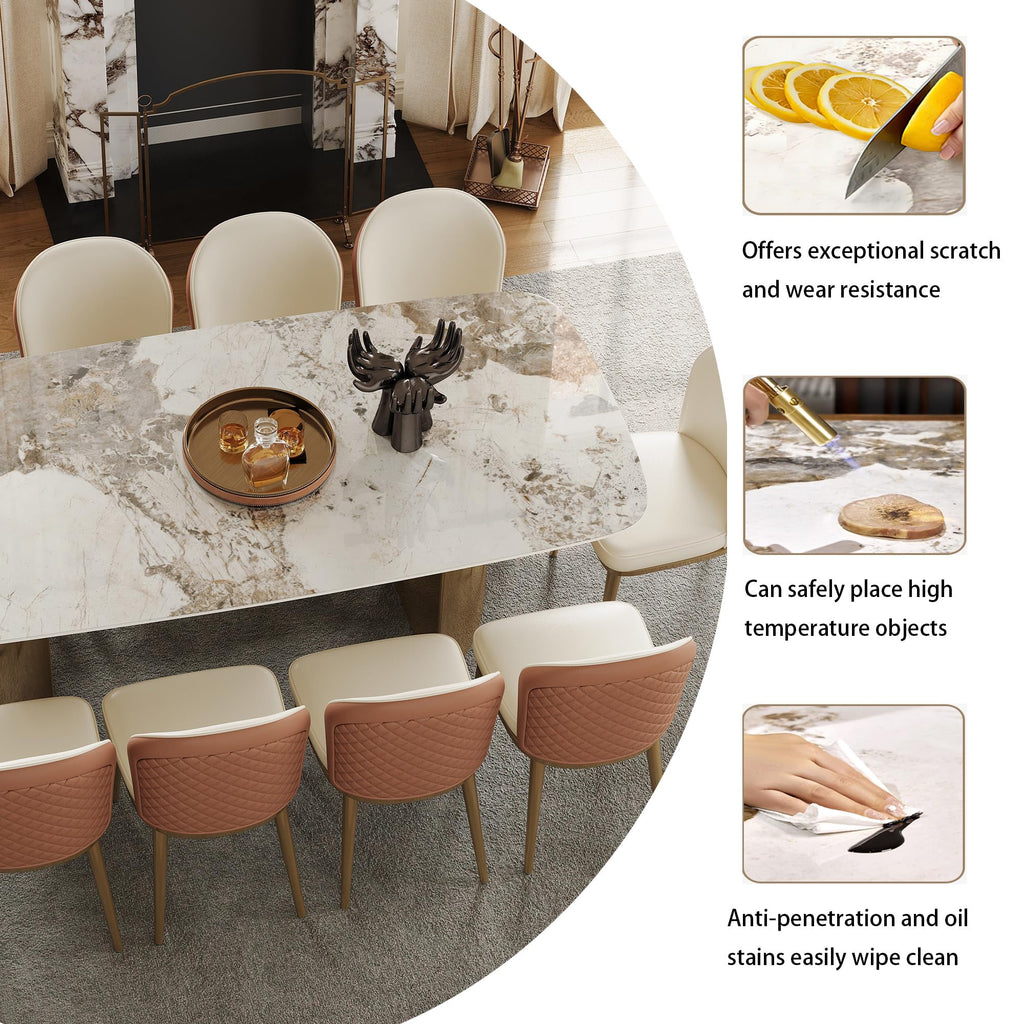 Rectangular Dining Table for 8-10 People, 79 inch Luxury Kitchen Table with Sintered Stone Tabletop and Gold Metal