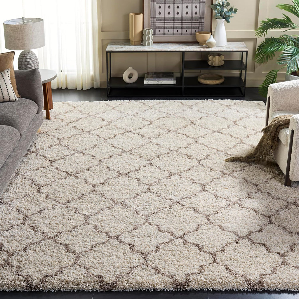 Area Rug 8x10 - Hudson Shag Collection - Large - Ivory & Beige, Trellis Pattern, Non-Shedding & Easy Cleaning, Ultra