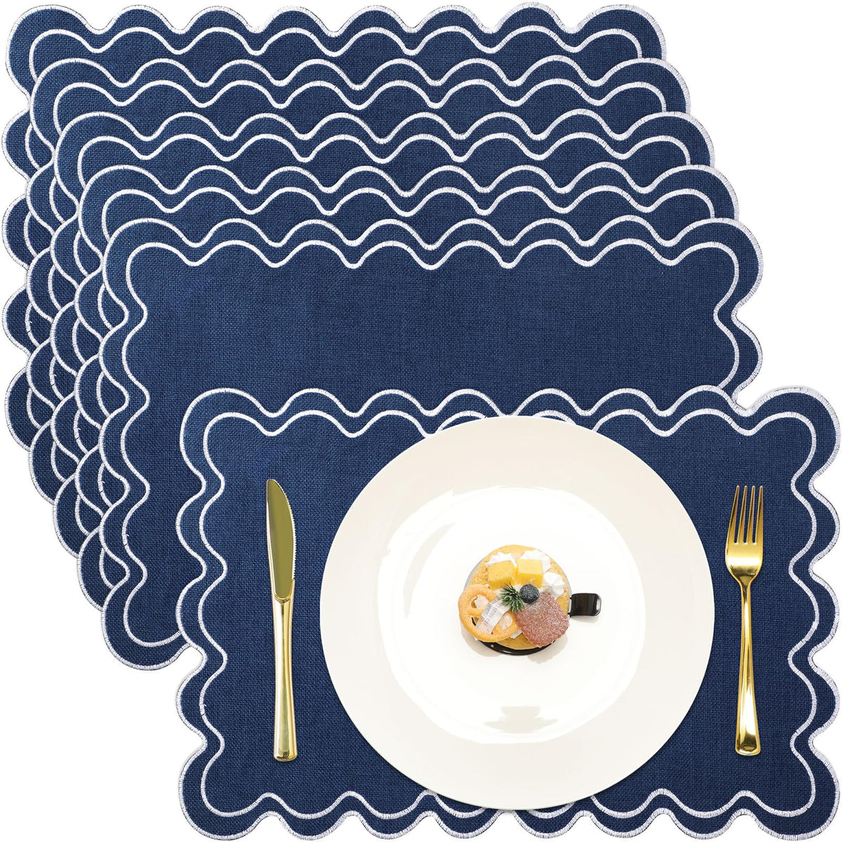 Navy Blue with White Scalloped Placemats Set of 6, Rectangle
