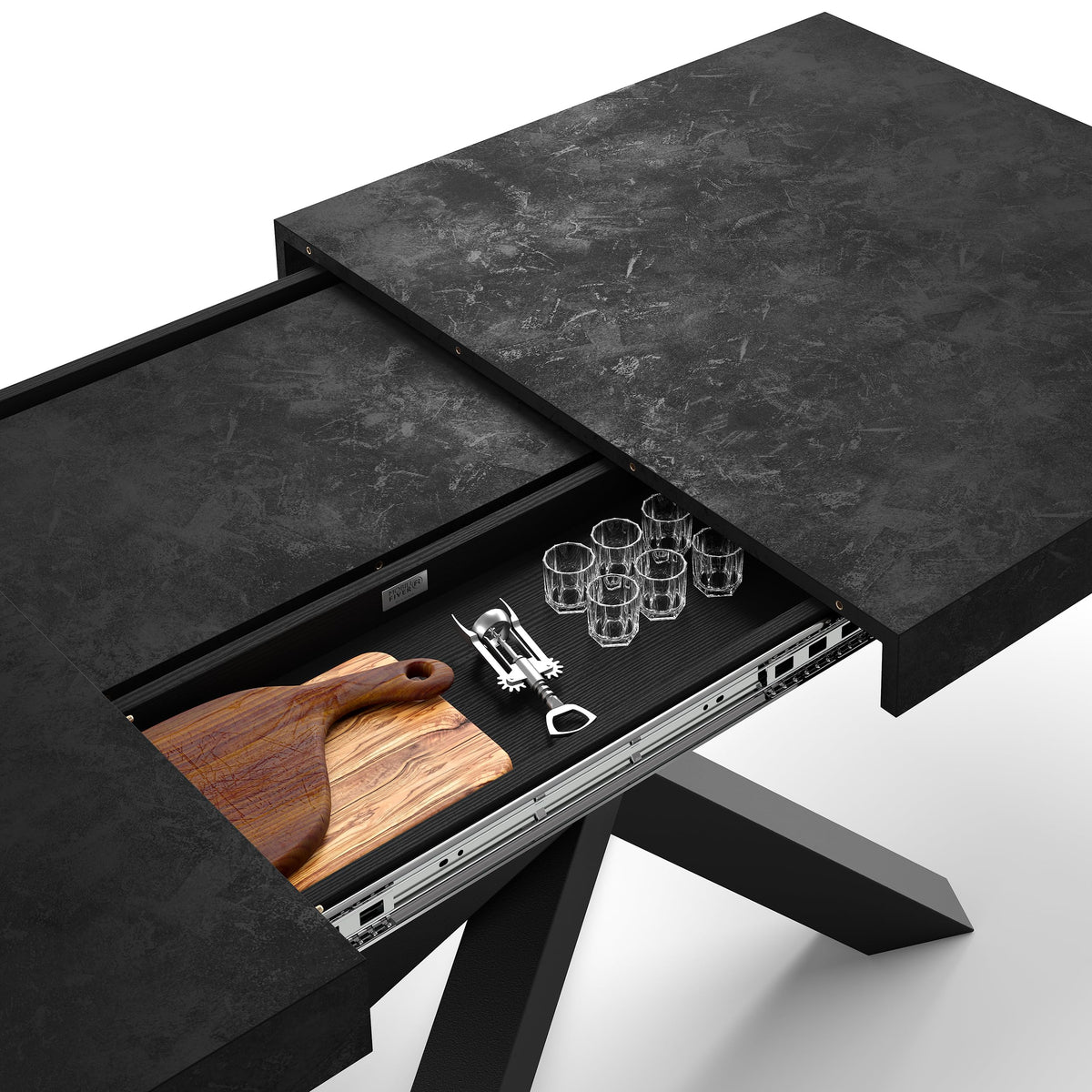 Emma 63(94.5) x35.4 in in, Extendable Dining Table, Concrete Effect, Black with Black Crossed Legs, Made in Italy