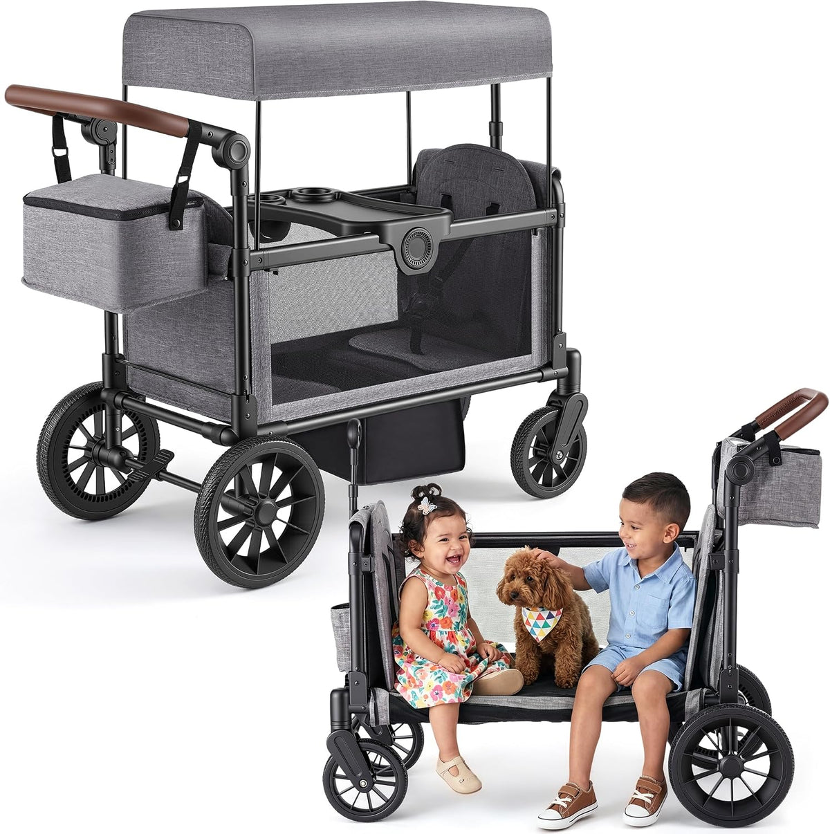 Stroller Wagon for 2 Kids, Foldable Seater with Canopy