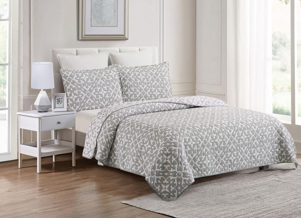 Gray & White Medallion Jacquard Reversible Bed 3 Piece Quilt Elegant 50% Cotton 50% Polyester Coverlet Bedding