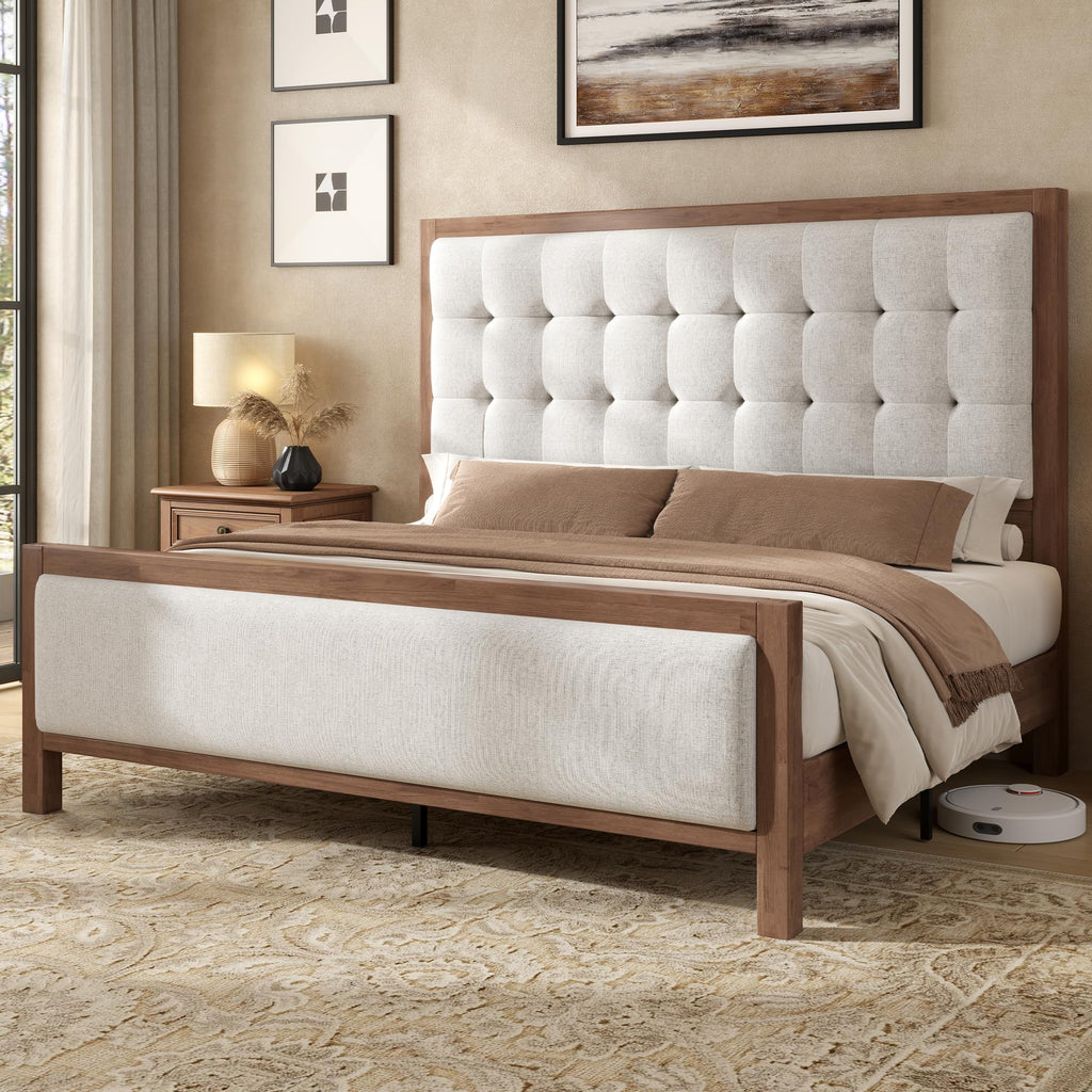 King Solid Wood Bed Frame 50" Tall Headboard&Footboard, Walnut