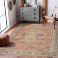 Powhatan Machine Washable Area Rug - Medallion Floral Border Distressed Faded - Traditional Oriental Transitional