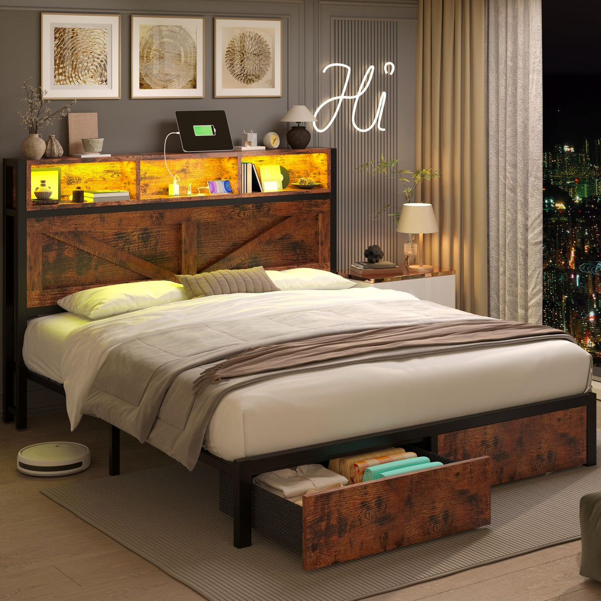 Farmhouse Bed Frame with Storage Bookcase Headboard & Drawers, Brown