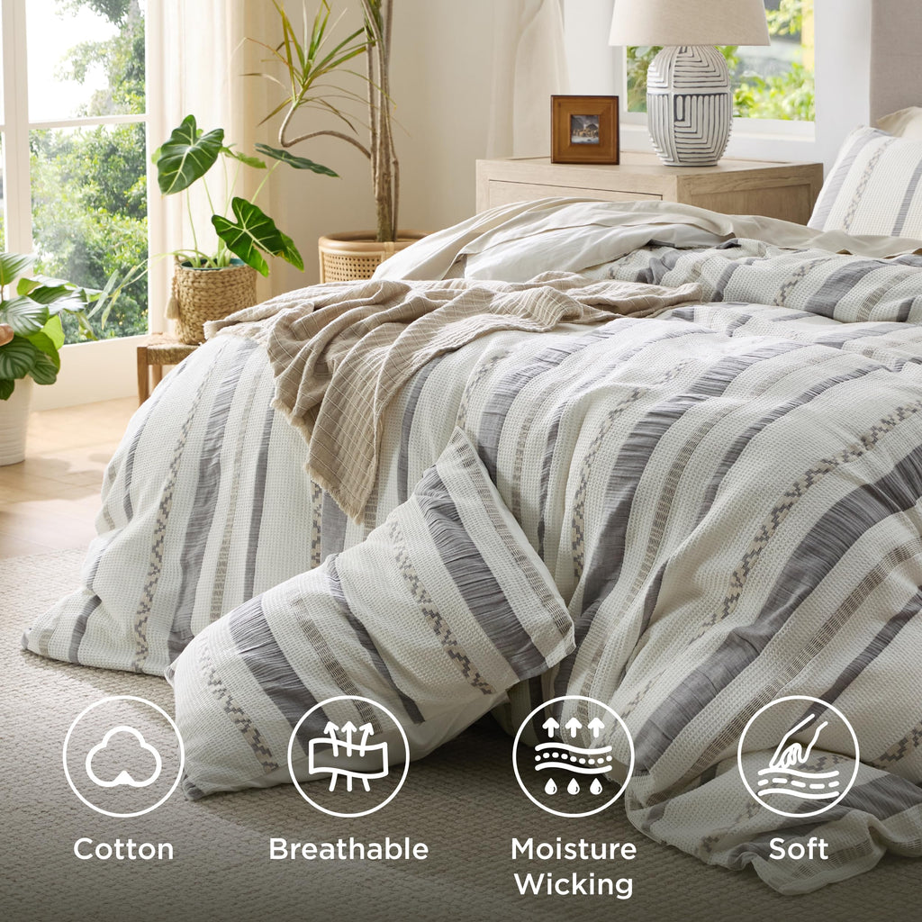 PureWoven Boho Striped Cotton Waffle Duvet Cover Set, Queen, White