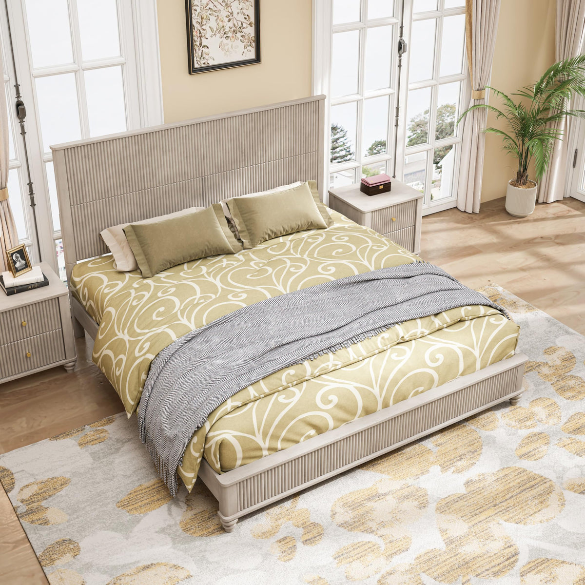 53.94" Tall Headboard Solid Wood Bed Frame, Low Profile Farmhouse Platform Bed with Wooden Slats, No Box Spring