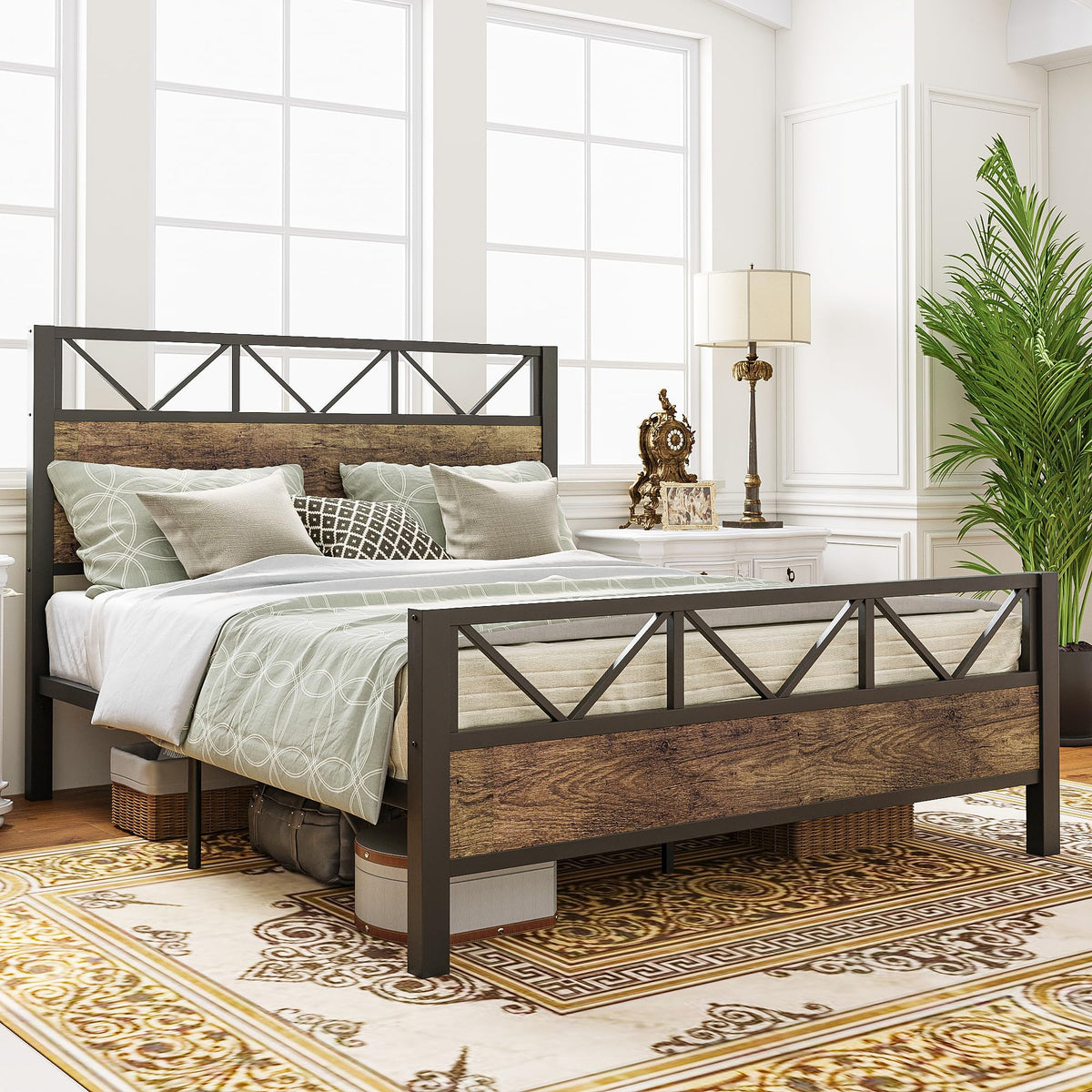 Bed Frame, Tall Industrial Headboard 51.2 ", Platform Bed Frame with Strong Metal Support, Solid and Stable
