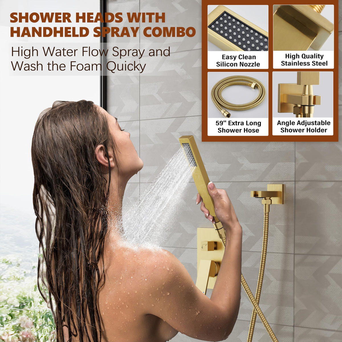Gold Shower System, 10'' Gold Shower Head with Handheld Combo Spray