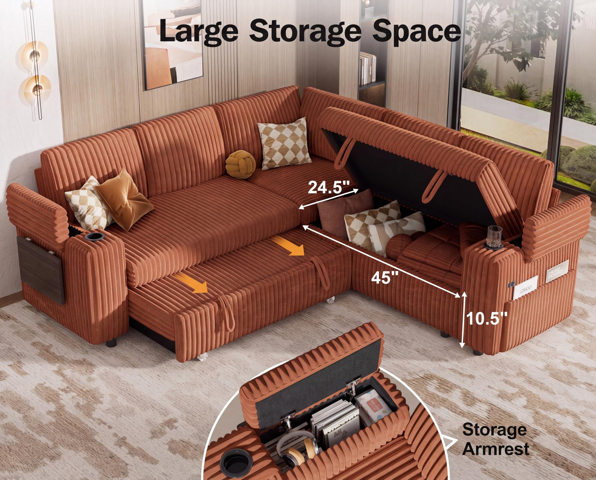 86" Modular Sectional Sleeper Sofa with Pull Out Bed, 5 Seat Plush Corduroy L Shaped Couch with USB Ports|Cup