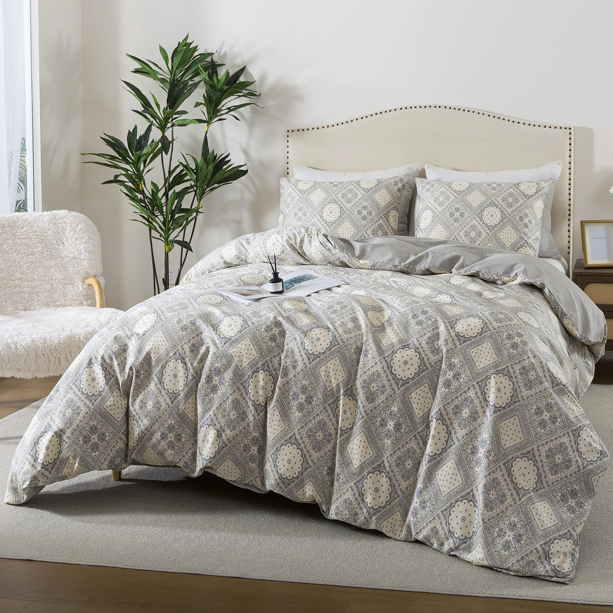 Duvet Cover King Size - 100% Cotton Comforter Cover, Checked Bed Linen Sets with Zipper Closure and Corner Ties
