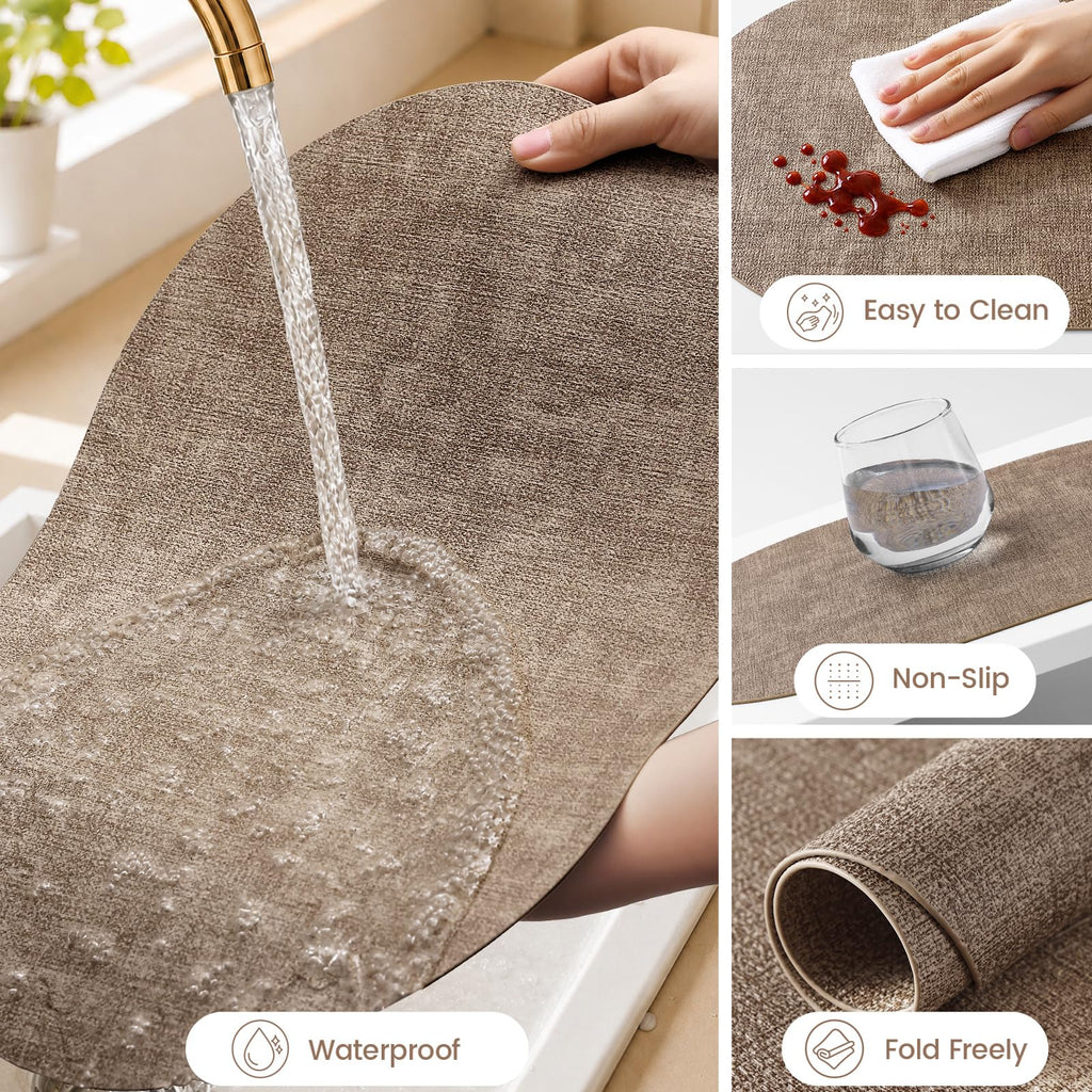 Oval Faux Leather Placemats Set of 6, Easy to Clean, Light Brown