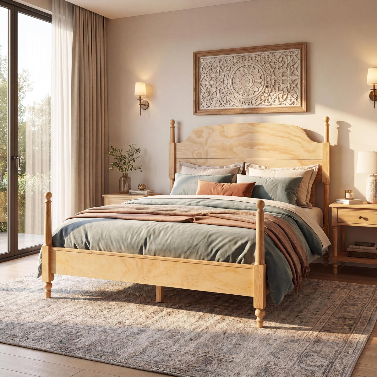 Kane Wooden Bed Frame with Headboard, Farmhouse Bed Frame and Arched Headboard, 4-Poster