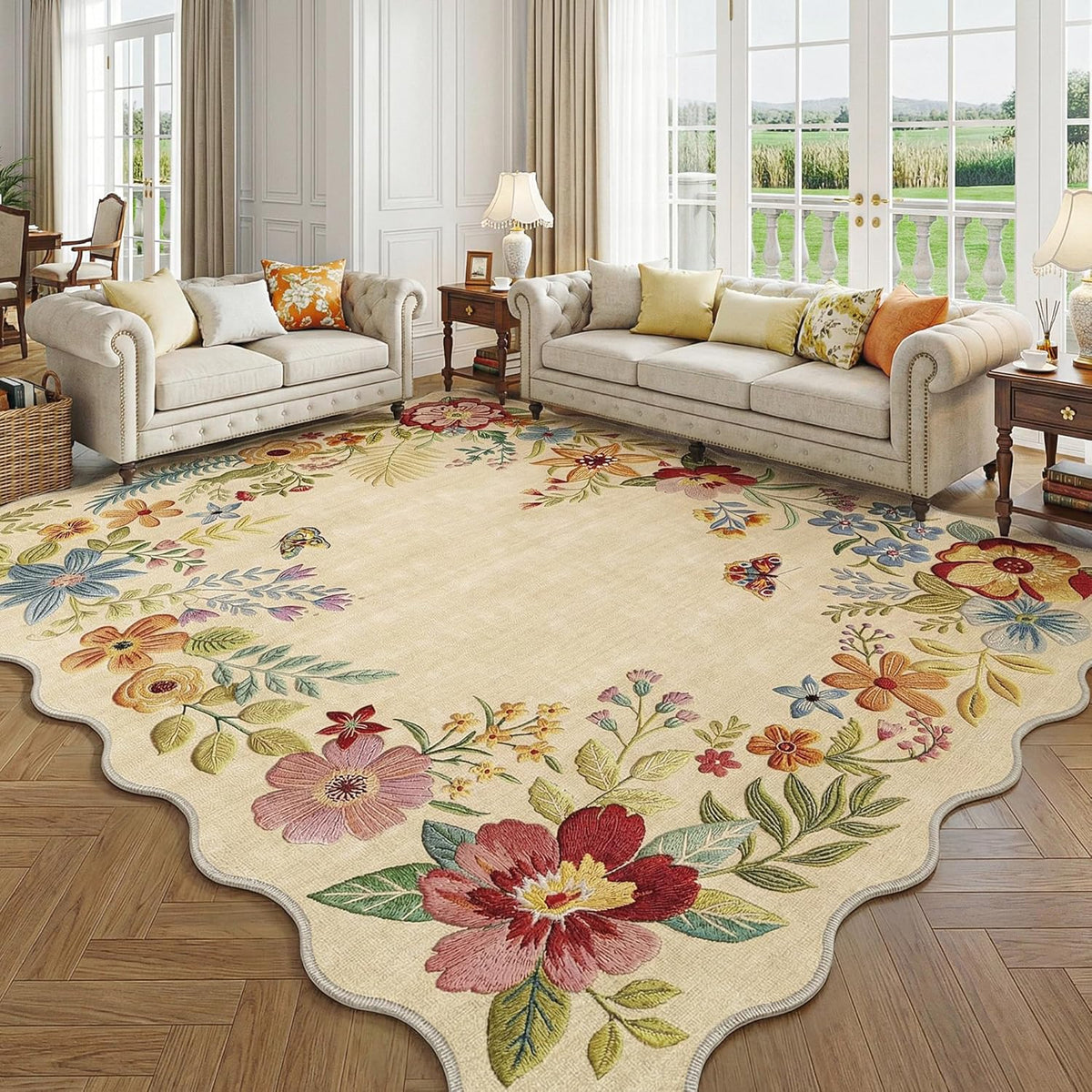 Floral Washable Area Rug Beige Neutral Vintage Flower Botanical Cottage Boho Cream Scalloped Soft Non Slip Low