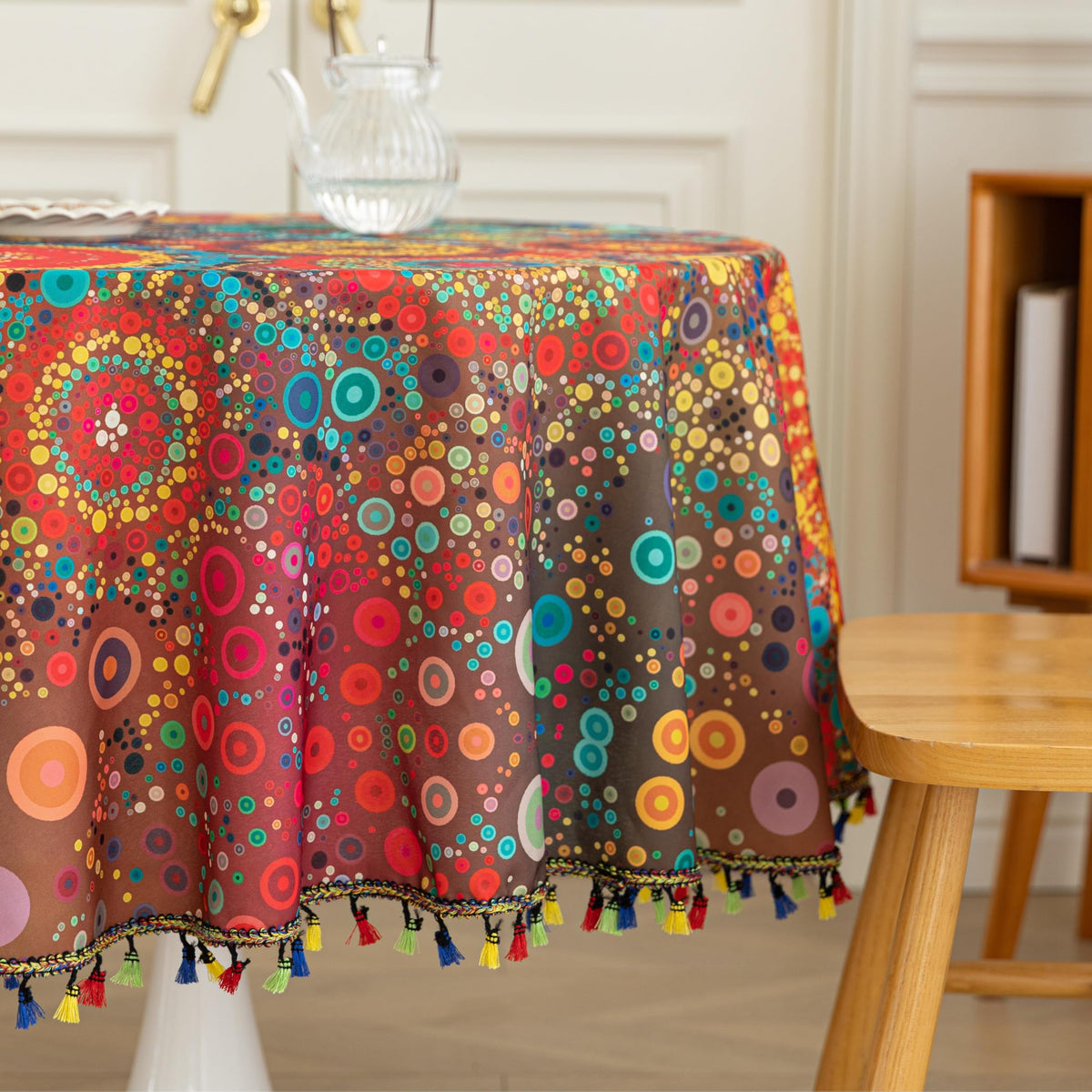 Boho Tablecloth for Round Tables, Fringed Edges with Geometric Pattern Tablecloths, Farmhouse Floral Table Cover Cloth