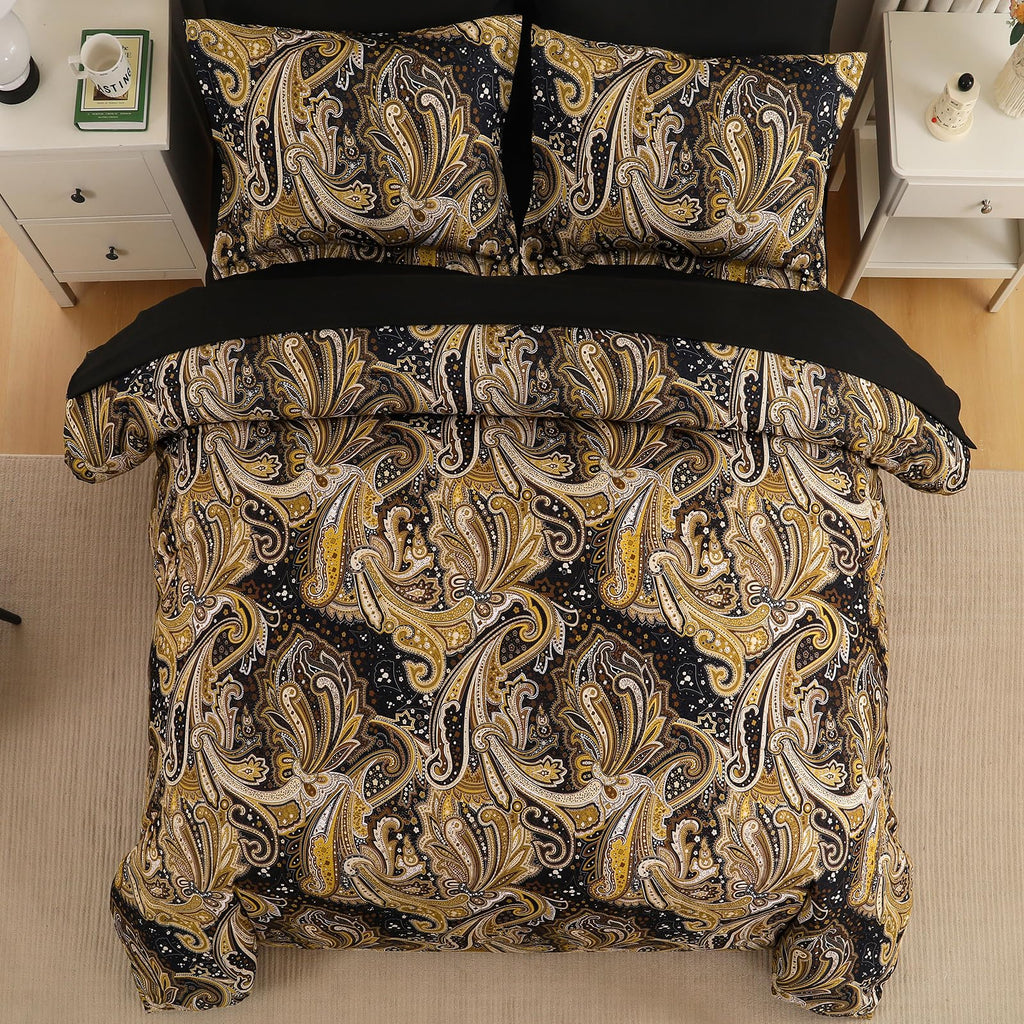 Black Gold Paisley Comforter Set Queen Size 7 Piece Bed in a Bag