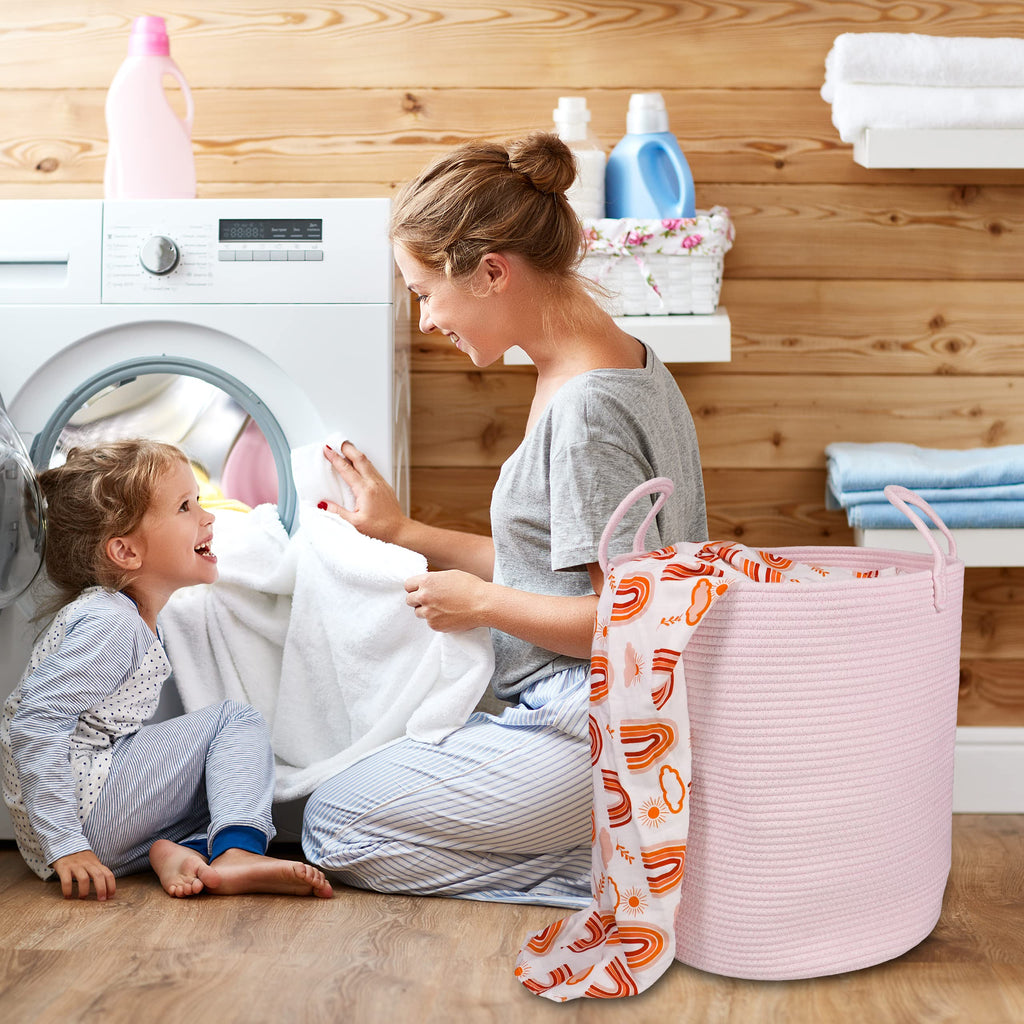 Cotton Rope Laundry Basket Hamper for Girls Kids Baby Nursery Pink