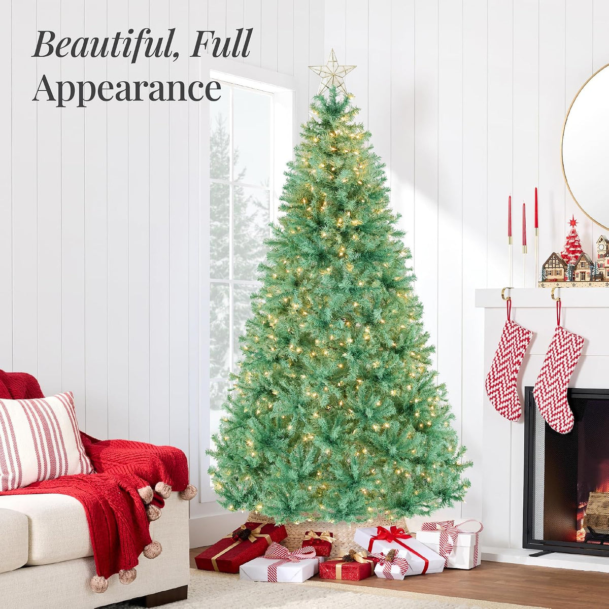 Pre-Lit Sage Green Christmas Tree, 4.5 to 9 ft, Full Artificial Holiday Decoration, Foldable