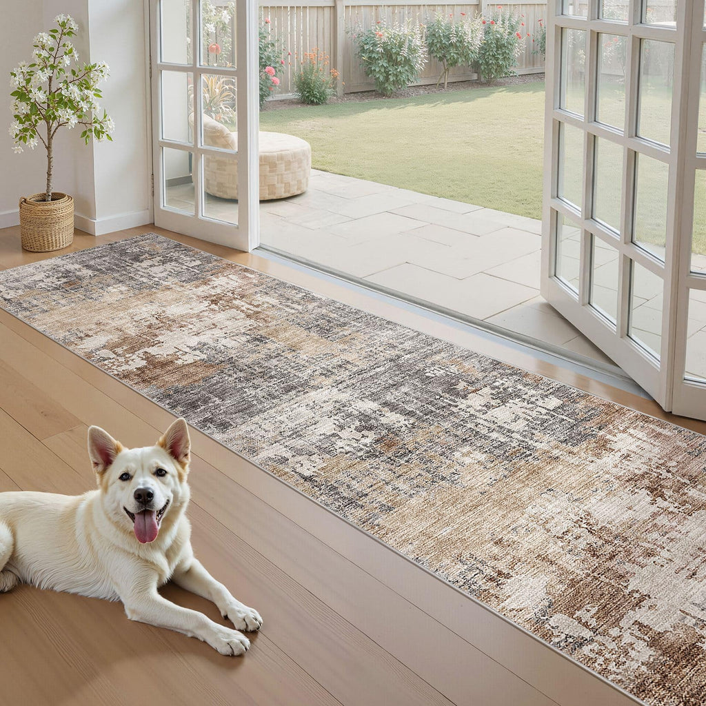 Washable Runner Rug : 2.6x12 Neutral Modern Abstract Low Pile Area Rug with Non-Slip Backing - Carpet Kitchen Laundry