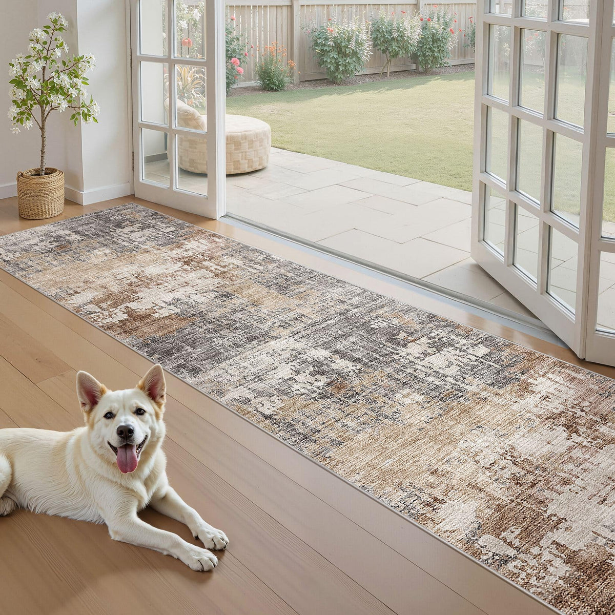 Washable Runner Rug : 2.6x12 Neutral Modern Abstract Low Pile Area Rug with Non-Slip Backing - Carpet Kitchen Laundry