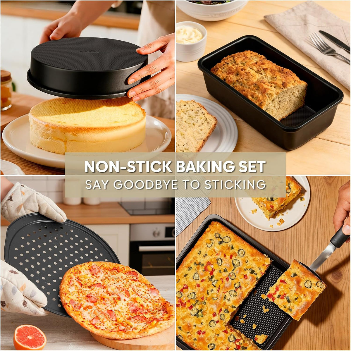 10-Piece Nonstick Bakeware Set, 0.8MM Thick Carbon Steel Pan Set for Oven with Cookie Sheet, Muffin Pan, Pizza Pan