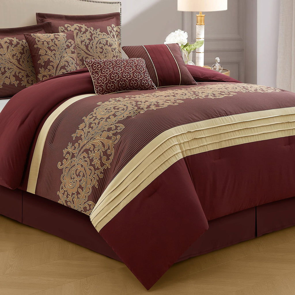 Red Gold Comforter Set, Damask Jacquard with Matching Solid Piece Work, 7 Piece Soft Bedding Set for All