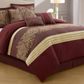 Red Gold Comforter Set, Damask Jacquard with Matching Solid Piece Work, 7 Piece Soft Bedding Set for All