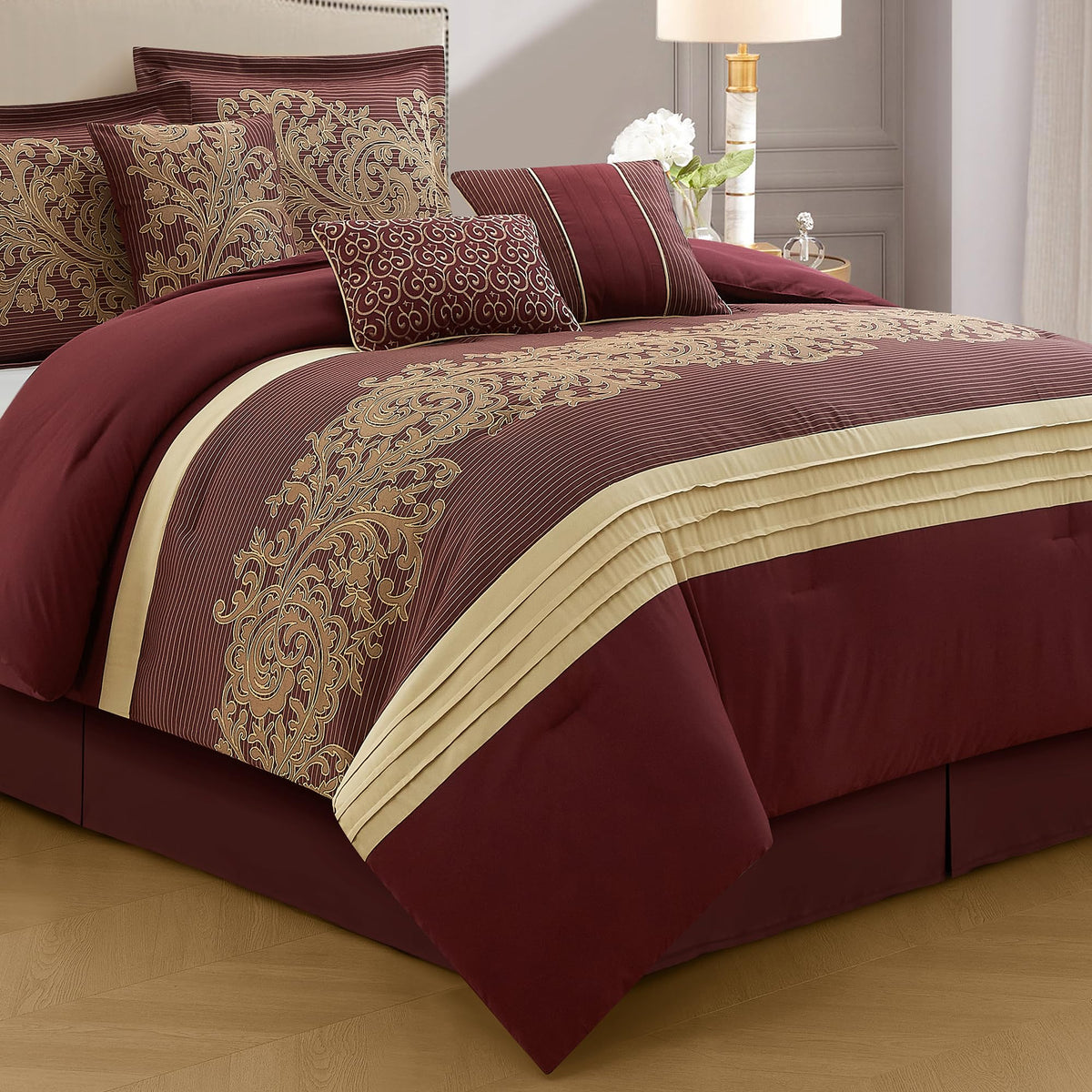 Red Gold Comforter Set, Damask Jacquard with Matching Solid Piece Work, 7 Piece Soft Bedding Set for All