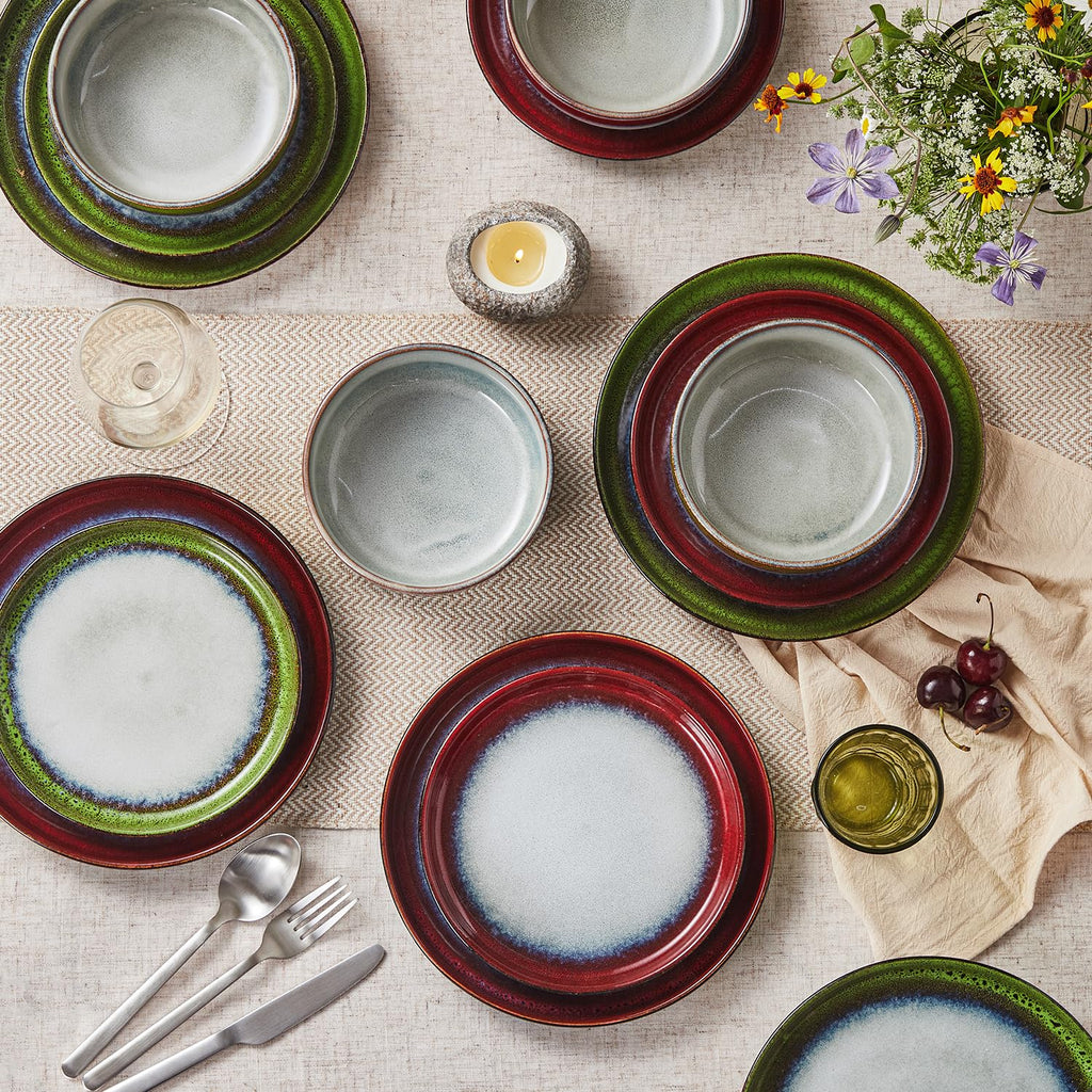 Dinnerware Set for 4, Pink Reactive Glaze Plates and Bowls Sets