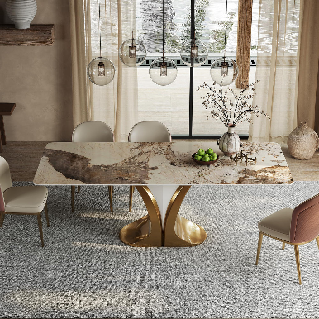 79'' Rectangular Dining Table for 8-10 People, Modern Sintered Stone Kitchen Table Top with Gold Metal Legs, Luxury