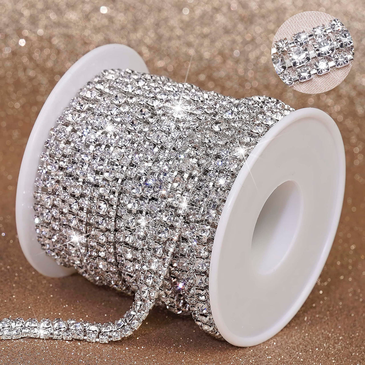 3 Rows Bling Rhinestone Close Chain Trim, Sew On Rhinestone Trim with 4 & 2.3mm Crystal for DIY Jewelry - 5.4 Yards