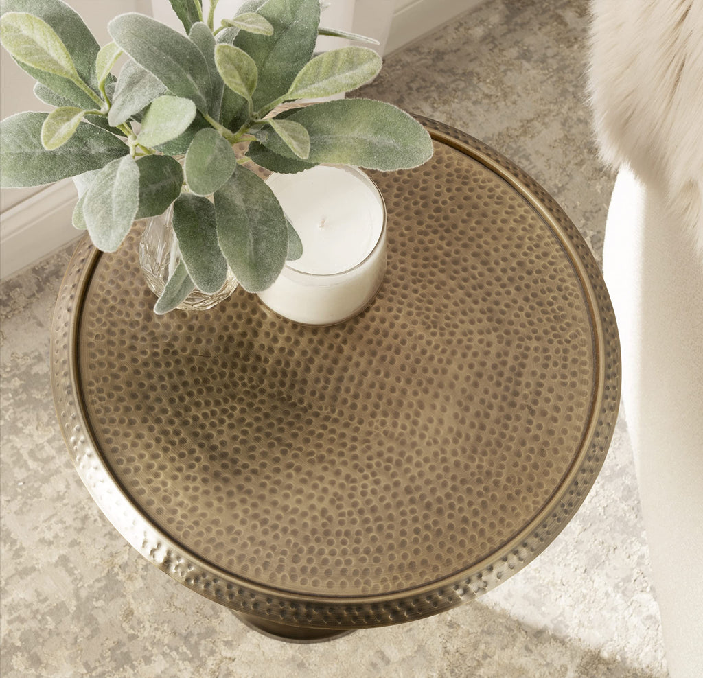 Inspired Saarinen Style Sanzo Modern Round Pedestal Side Table, 15 x 15 x 24, Gold, Decorative with Hammered Tabletop for Use as a Bedroom