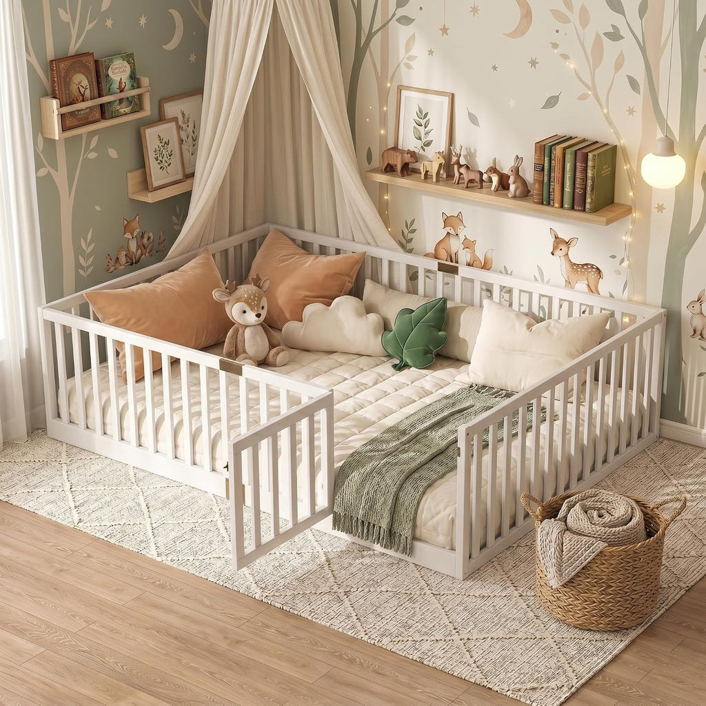Montessori Floor Bed with High Safety Fence, Solid Rubber Wood Kids Floor Bed Frame with Guardrails and 6